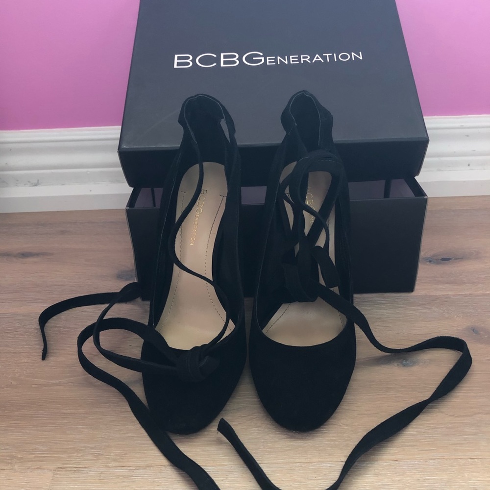 Black suede BCBG tie up heels